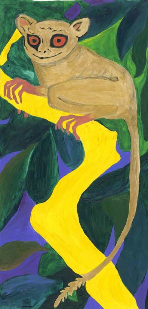 Ein farblich abstraktes, doch naturverbundenes Motiv – das Nachtäffchen thront sanft auf einem gelben Ast. Das Motiv glänzt in Gold, das dem Bild eine warme, leuchtende Note verleiht. Die Komposition vereint klare, naturhafte Formen mit expres­sivem Farbauftrag, wodurch eine spannende, elegante Atmosphäre entsteht. Ideal für Sammlerinnen und Sammler, die eine einzigartige, handgemachte Arbeit schätzen.