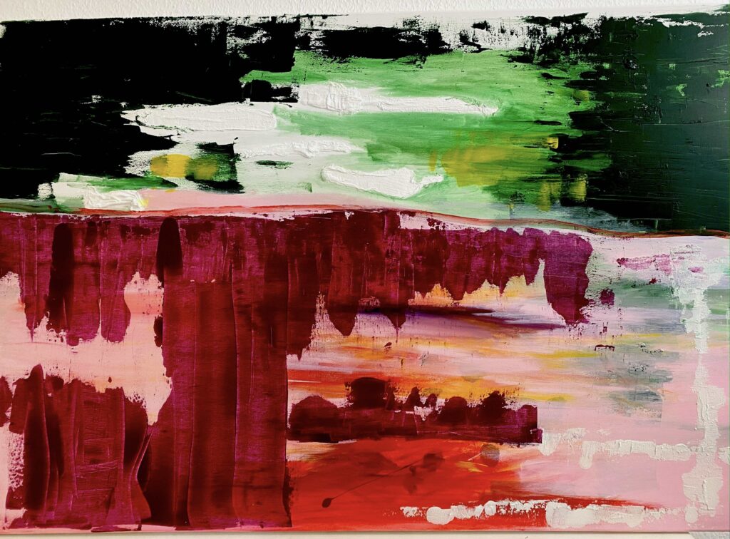 Großes abstraktes Acrylbild auf Leinwand mit grüner und pinker Landschaft im Hintergrund. Im Vordergrund sind schemenhaft eine oder zwei Katzen in abstrakter Form zu erkennen. Modernes Kunstwerk mit lebendigen Farben, ideal für Kunstliebhaber und Sammler.