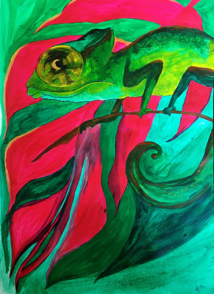 Chamäleon Ein stilisiertes, in kräftigem Grün gehaltenes Chamäleon bildet das zentrale Motiv des Bildes. Die Darstellung wirkt leicht abstrakt, mit weichen Formen und dezenten künstlerischen Verzerrungen, die dem Tier eine moderne, zeitlose Ästhetik verleihen. Im Hintergrund entfaltet sich ein lebendiges Blätterwerk, in dem sich Grün- und Pinktöne dynamisch miteinander verbinden. Feine, goldene Akzentstreifen ziehen sich wie Lichtreflexe durch die Komposition und verleihen dem Gesamtbild einen eleganten, fast luxuriösen Charakter. Die harmonische Farbgebung und die künstlerische Abstraktion schaffen eine atmosphärische, visuell eindrucksvolle Szene, die sowohl Natürlichkeit als auch kreative Ausdruckskraft vermittelt.