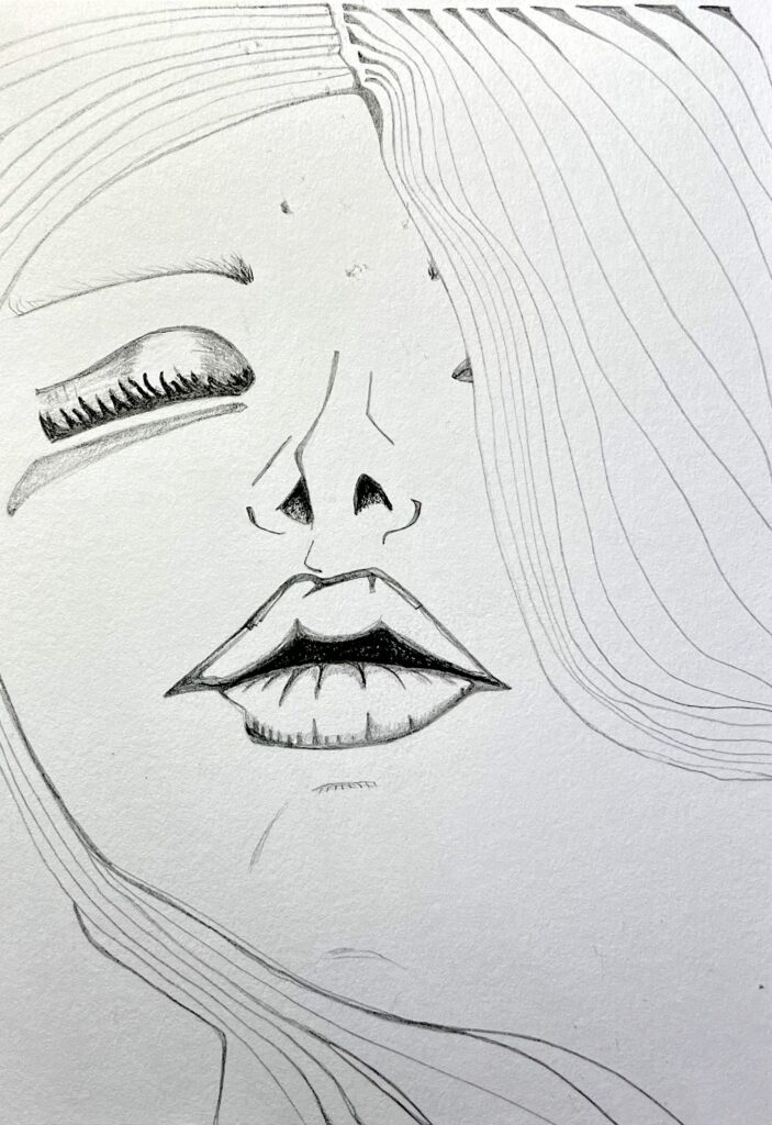 Eine eindrucksvolle Zeichnung einer Frau mit geschlossenen Augen, fein ausgearbeitet in Bleistift auf Karton. Die zarten Linien und Schattierungen verleihen dem Motiv eine ruhige, intime Ausstrahlung. Die Arbeit misst 21 x 14,8 cm und eignet sich perfekt als eleganter Akzent für jeden Raum. Der Bleistift auf strukturierendem Karton verleiht dem Bild eine matte, natürliche Haptik.