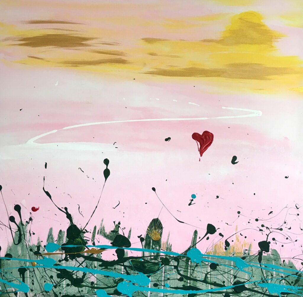 Abstraktes Acrylbild auf Leinwand (80 x 80 cm) mit einem rosafarbenen Himmel, goldgelben Wolken und einem grünen Boden im unteren Bereich. Ein Herz steigt symbolisch nach oben, was das Werk „Stairway to Heaven“ zu einer inspirierenden und emotionalen Wanddekoration macht. Perfekt für Kunstliebhaber, die lebendige Farben und tiefgründige Motive schätzen.