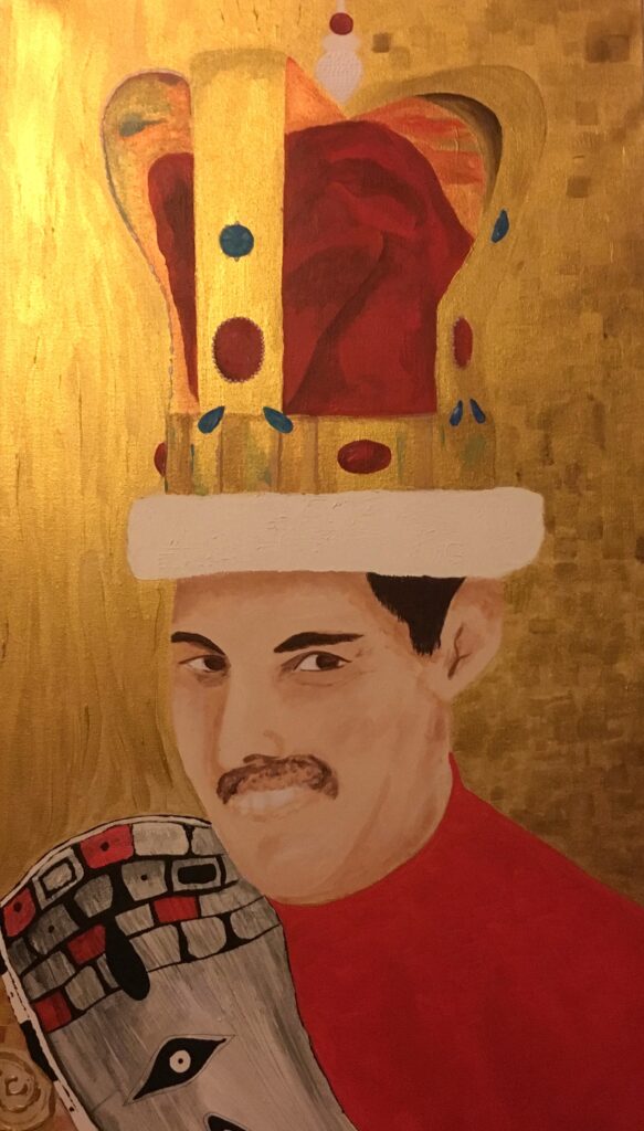 Freddie Mercury Porträt mit Goldkrone, Klimt-inspirierte Ornamentik, Goldene Muster, königliches Porträt.