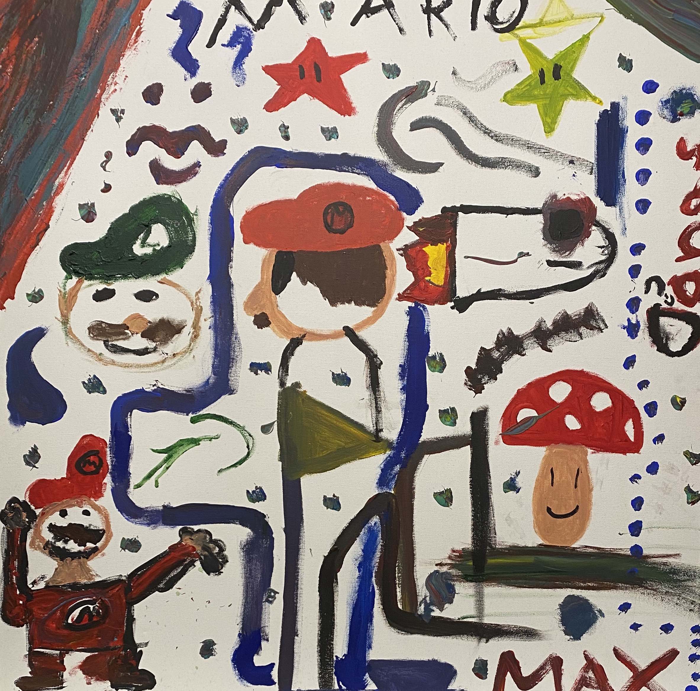 Marioland – Acryl auf Leinwand, 80 × 80 cm: Ein lebendiges Kunstwerk mit Mario-Design aus dem Nintendo-Marioworld-Universum, begleitet von ikonischen Sternen, Pilzen und Luigi. Farbexplosiver, abstrakter Stil auf Leinwand, ideal für Gaming- und Pop-Art-Liebhaber.