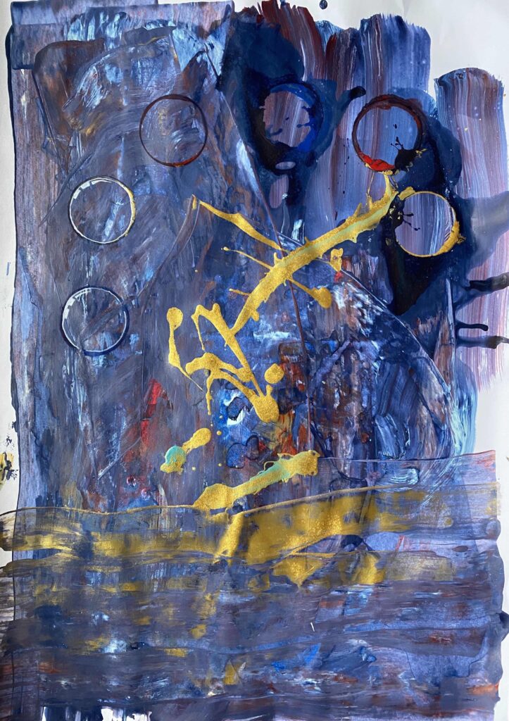 Die 7 Planeten | Acrylbild auf Karton, 42 x 29,7 cm, mit sieben bläulich schimmernden Kreisen im Halbkreis angeordnet. Grobe goldene Farbspritzer in der Bildmitte laden zur Interpretation ein, während kräftige rote Kleckse dem Kunstwerk das gewisse Etwas verleihen – moderne Wanddekoration mit abstrakter, emotionaler Ausstrahlung.